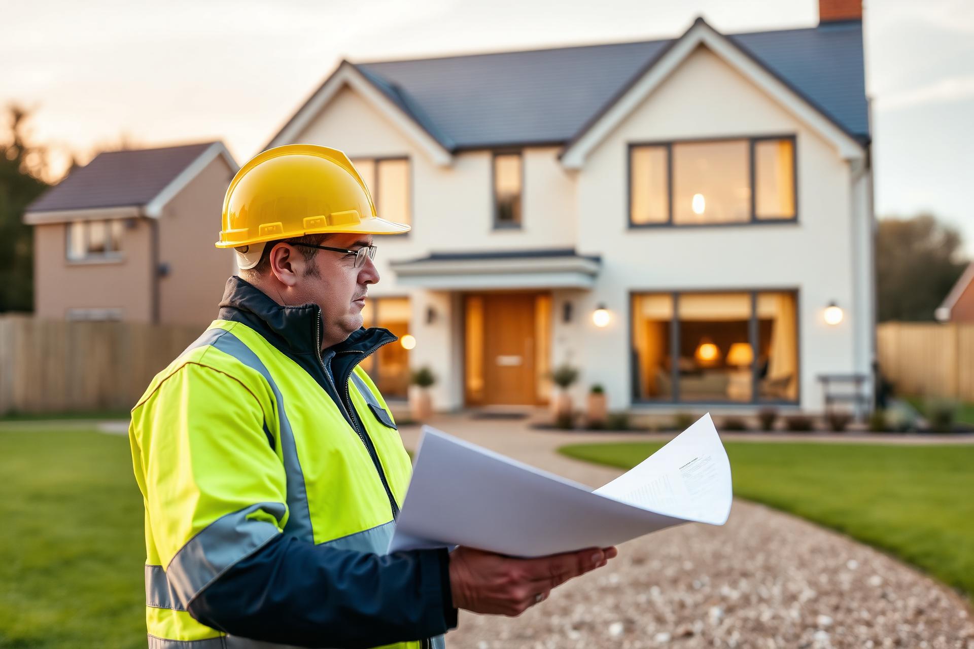 Accredited Maidstone home builder reviewing plans in front of a completed new build in Kent