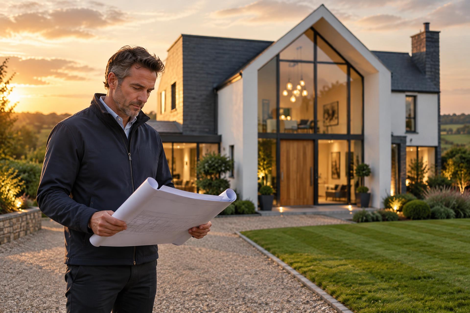 Accredited Maidstone home builder reviewing plans in front of a completed new build in Kent